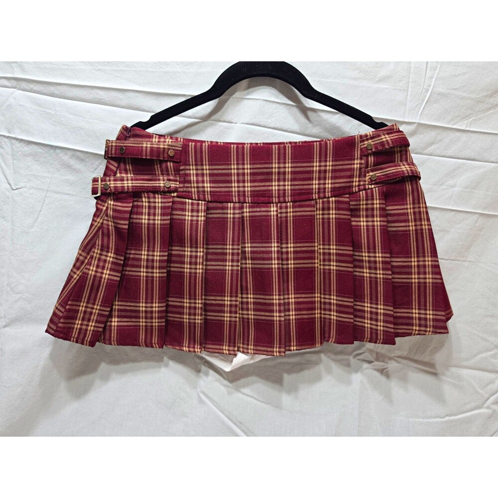 Kyouko Girls Burgundy Beige Plaid Pleated Skort Buckle Accent Size S